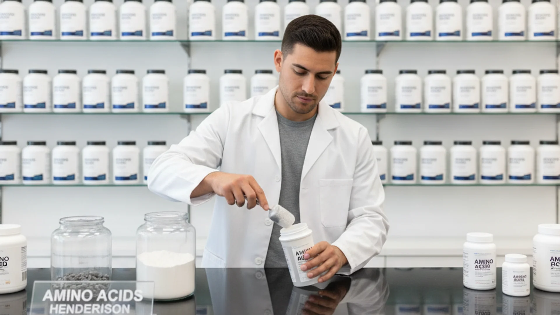 Staff member in a lab coat scoops amino acid powder into a container in front of shelves of supplements