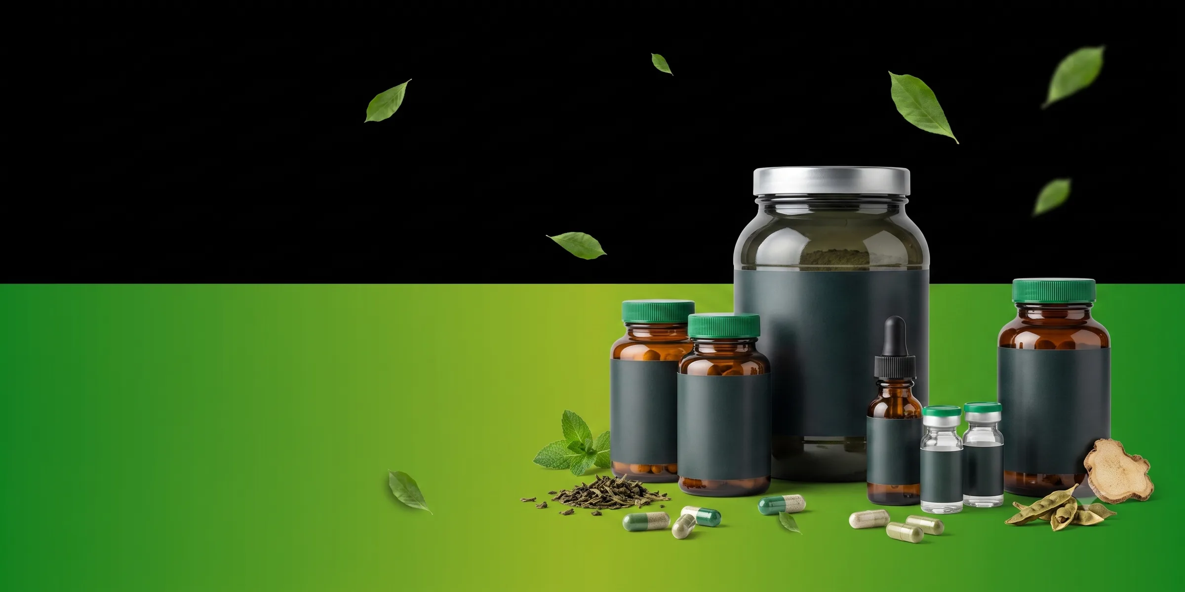 Assorted supplement bottles, capsules, and natural ingredients displayed on a green surface with floating leaves.