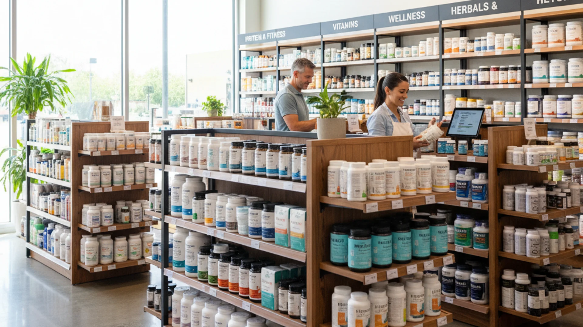 Staff at the counter of a vitamin and supplement store lined with labeled shelves of bottles