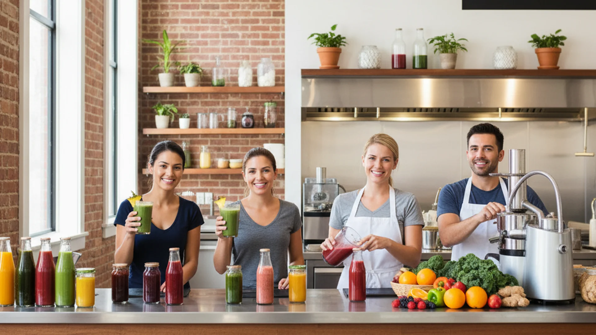 Juice bar team holds up fresh smoothies and cold-pressed juices on a counter lined with fruit and vegetables