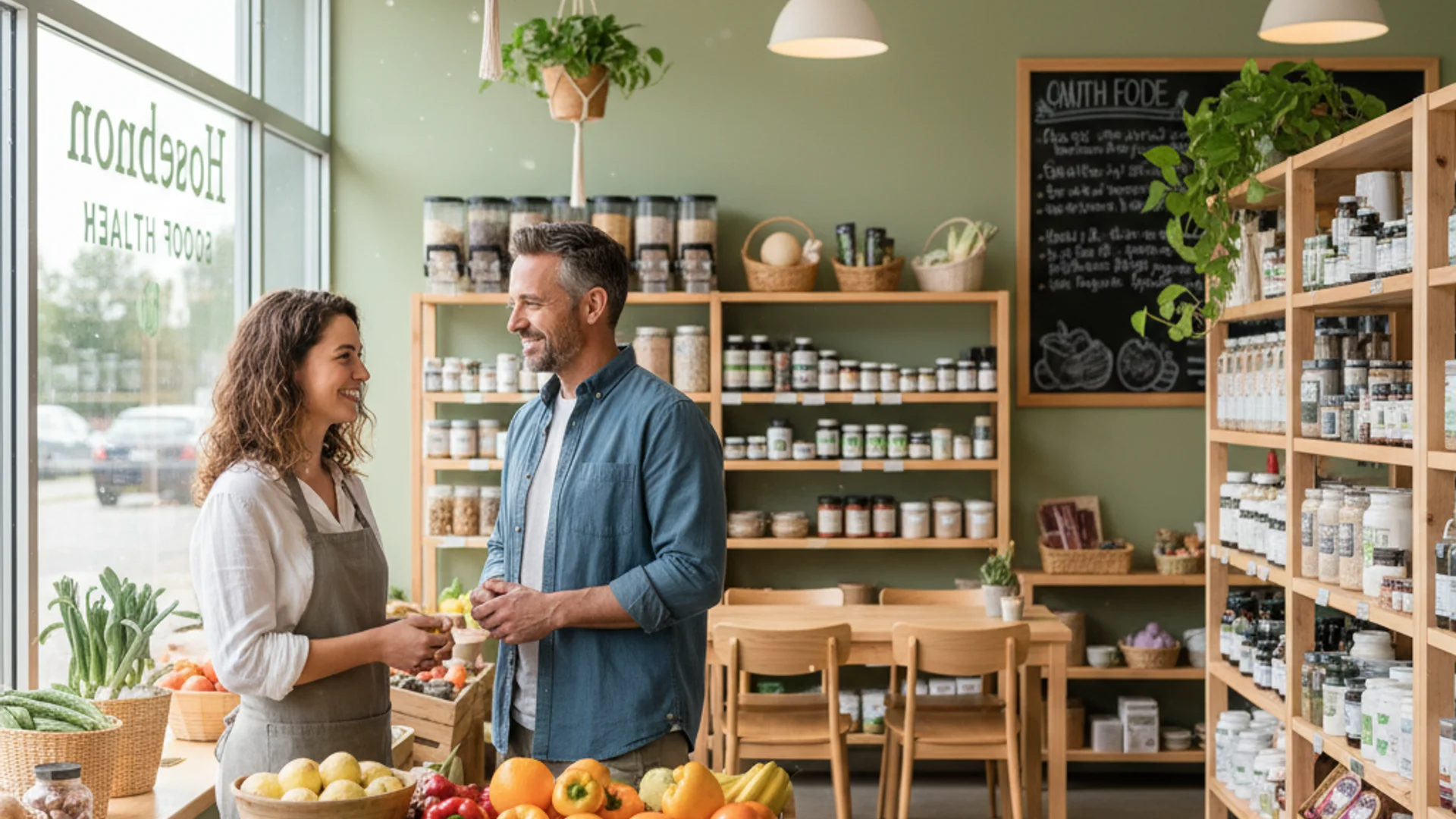 Staff member helps a customer among shelves of jars and fresh produce in a health food store