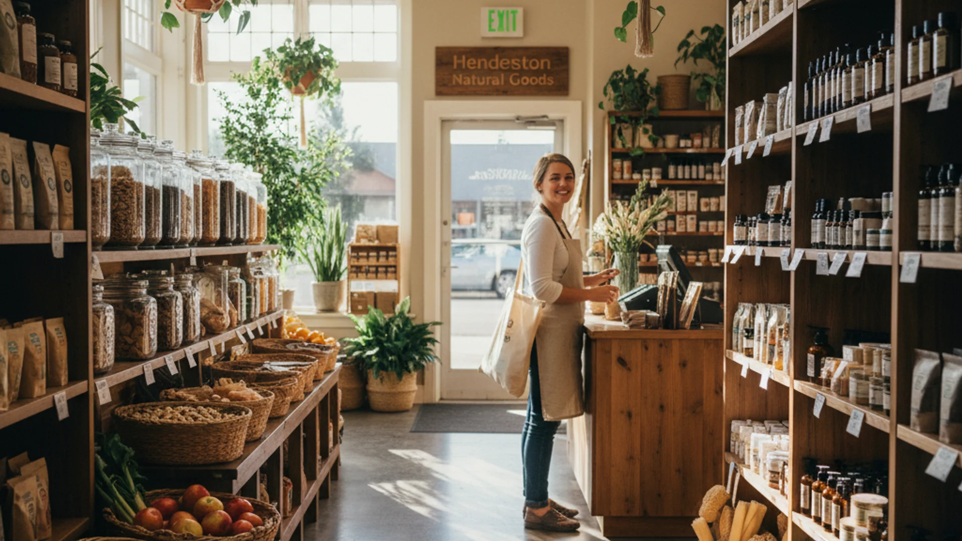 Shopper browses wooden shelves of bulk foods, oils and natural goods in a sunlit natural foods store
