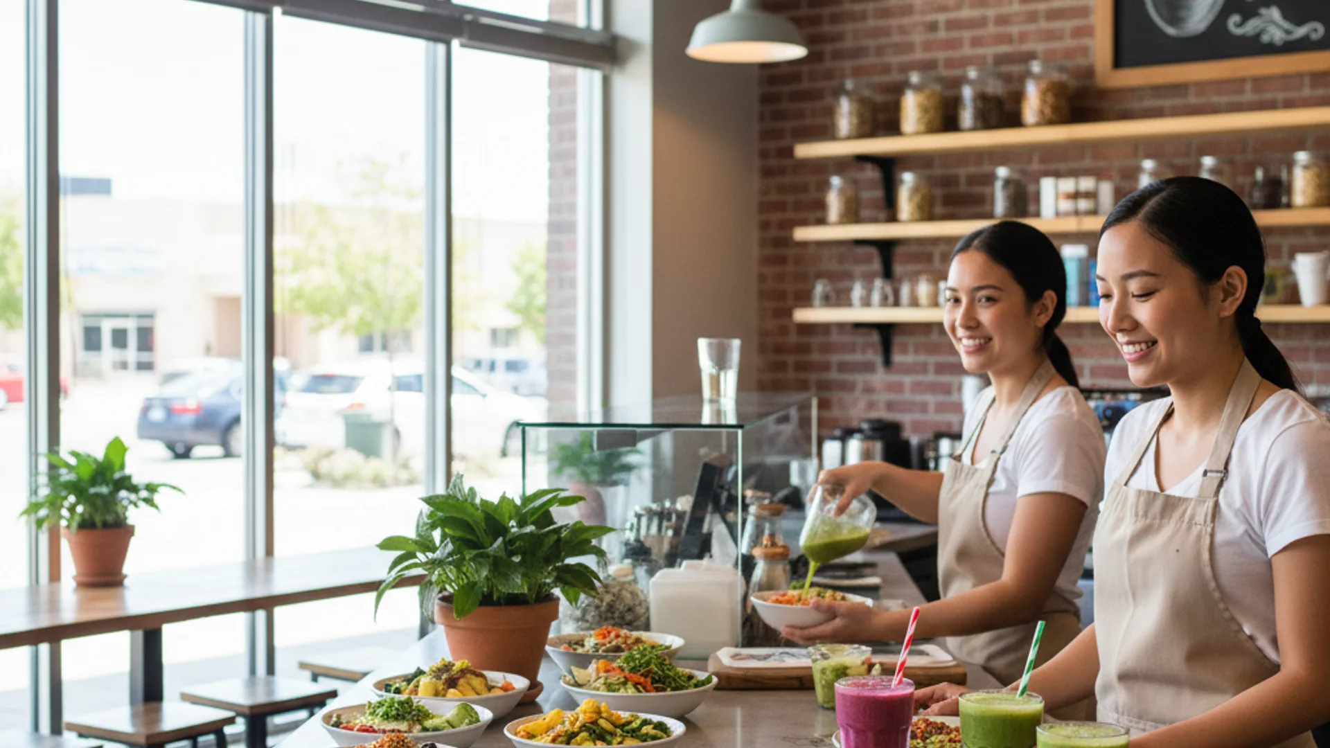 Staff prepare smoothies and healthy bowls behind the counter of a bright health food cafe