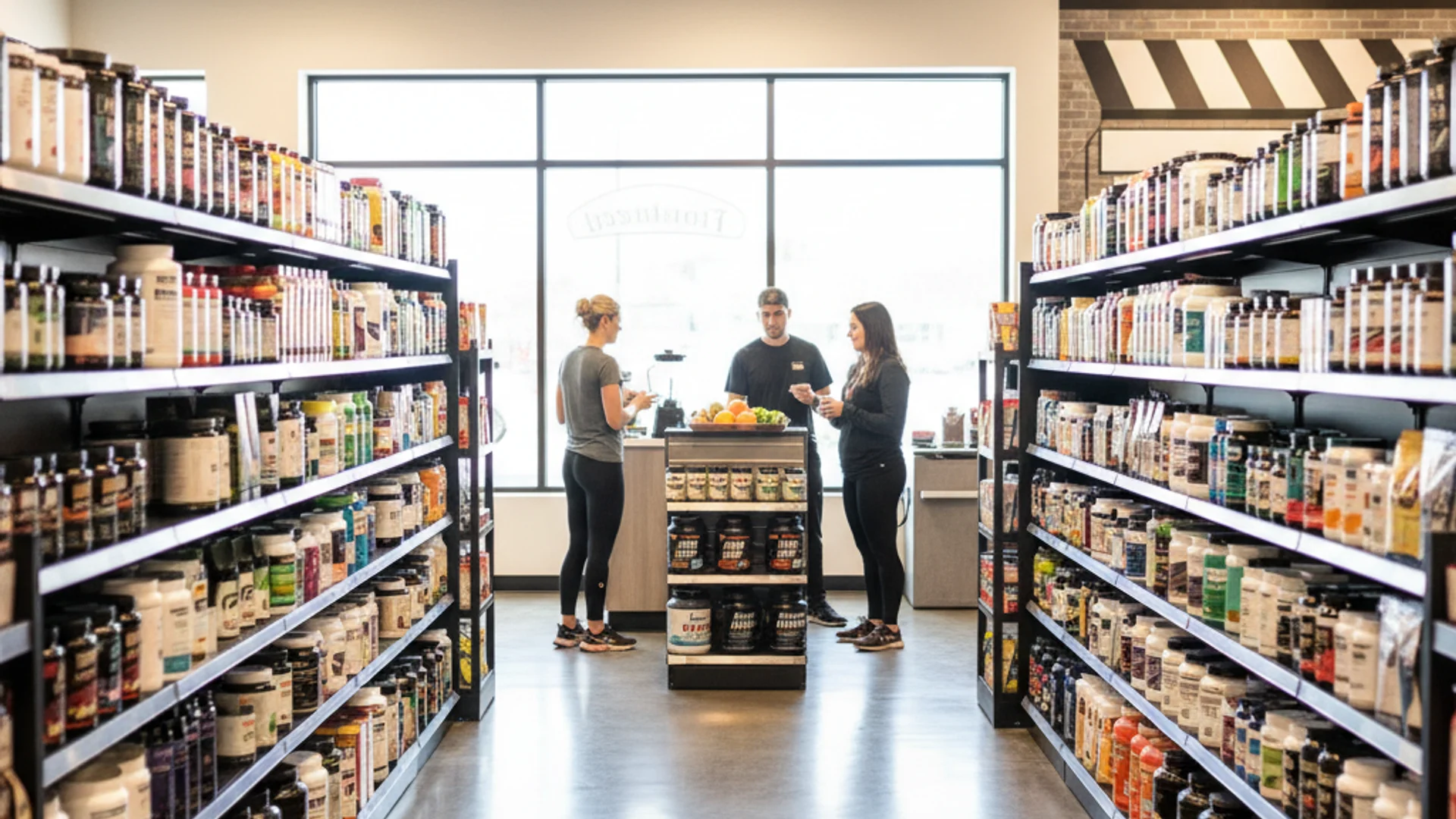 Customers and staff talk among shelves of protein powders and sports supplements in a nutrition store
